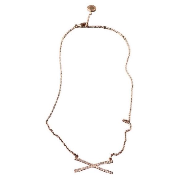 French Connection Rose Gold Rhinestone X Bar Necklace - Picture 1 of 4